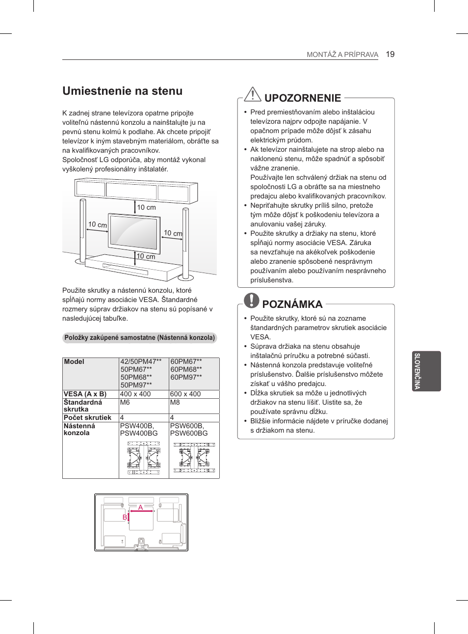 Umiestnenie na stenu, Upozornenie, Poznámka | LG 50PM680S User Manual | Page 182 / 243