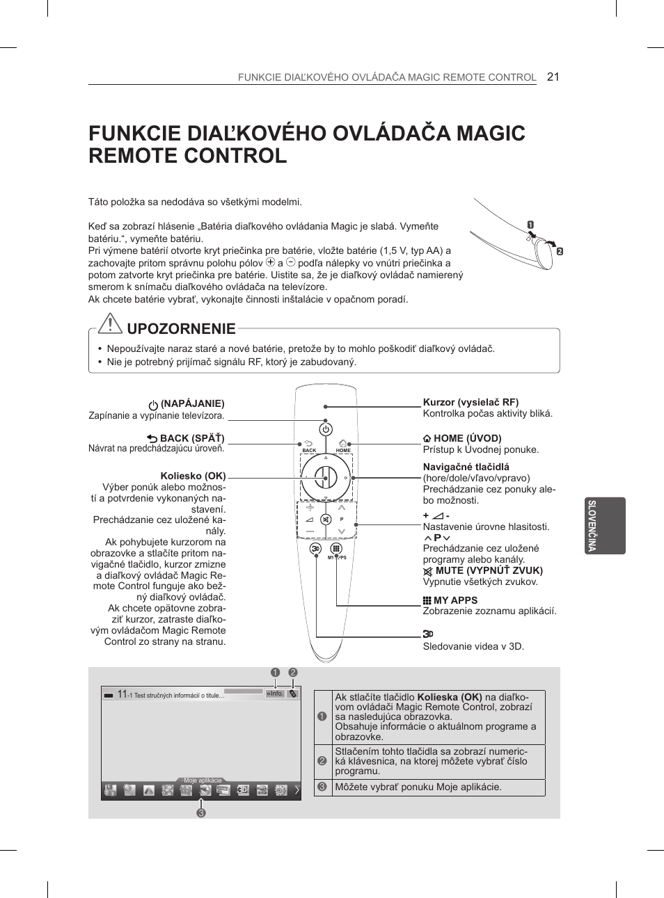 Funkcie diaľkového ovládača magic remote control, Upozornenie | LG 50PM680S User Manual | Page 184 / 243