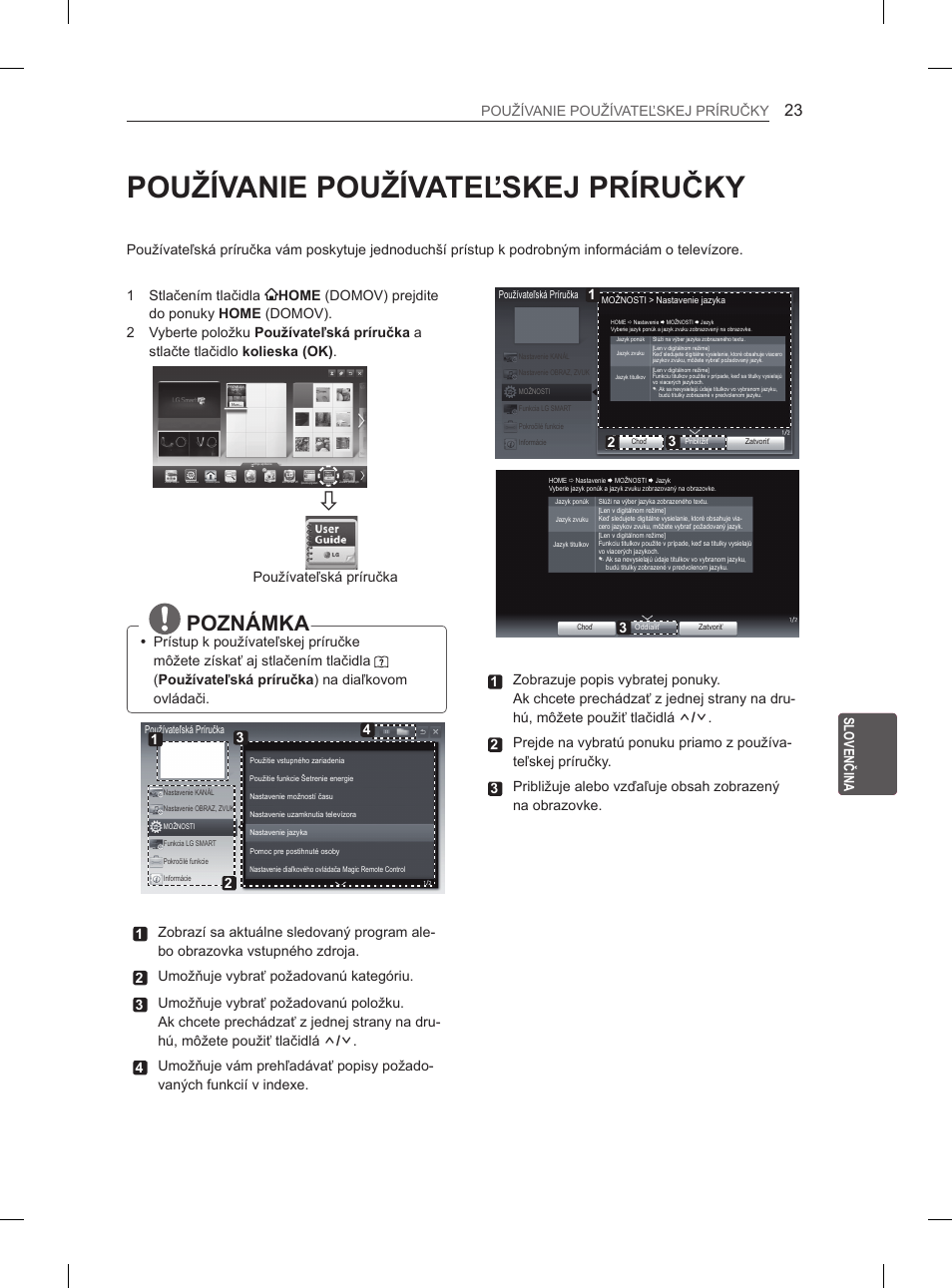 Používanie používateľskej príručky, Poznámka, Používateľská príručka | LG 50PM680S User Manual | Page 186 / 243