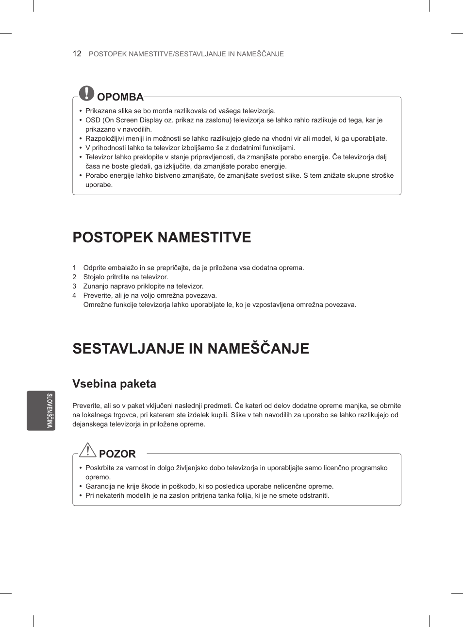 Postopek namestitve, Sestavljanje in nameščanje, Vsebina paketa | Opomba, Pozor | LG 50PM680S User Manual | Page 201 / 243