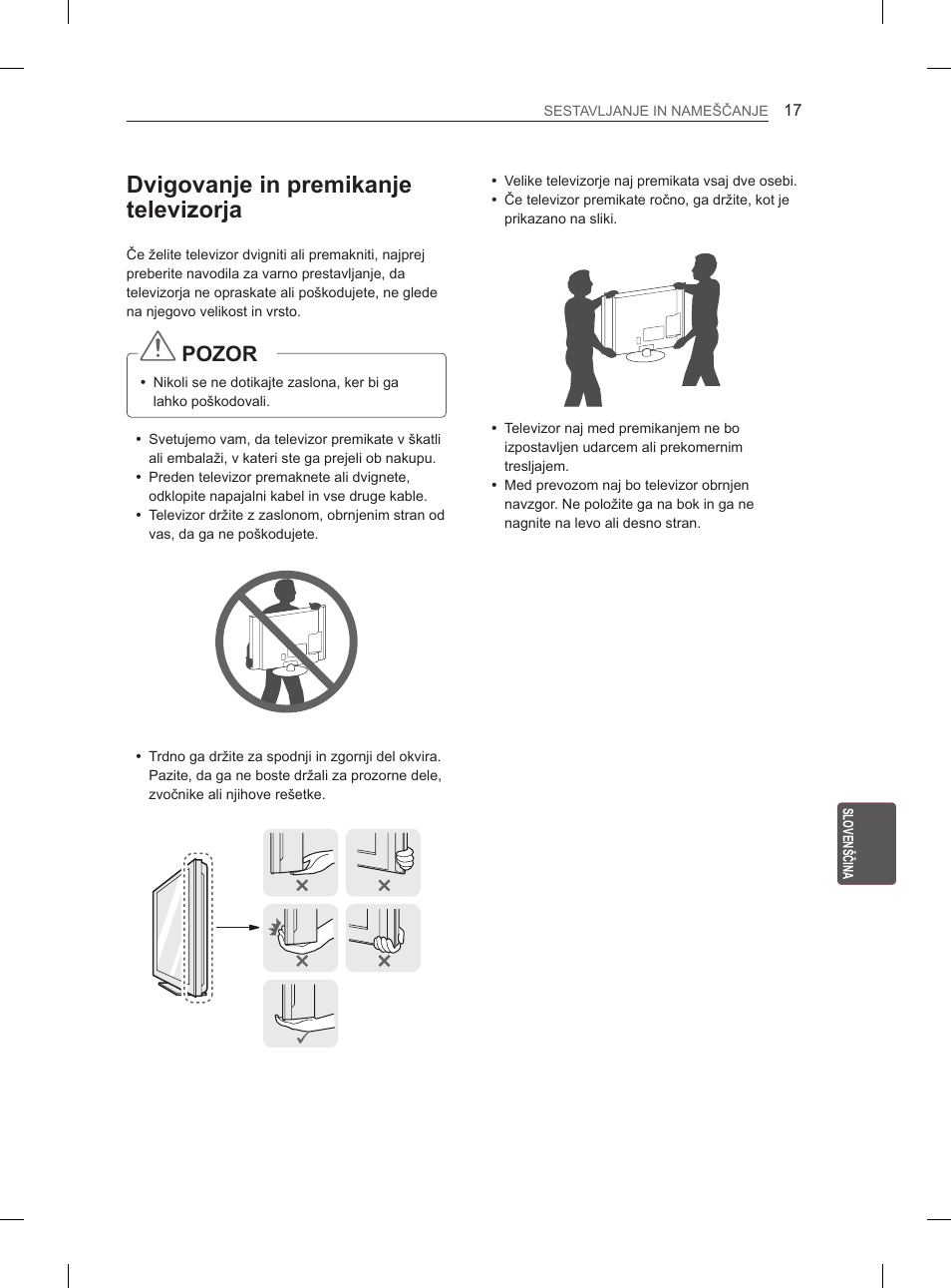 Dvigovanje in premikanje televizorja, Pozor | LG 50PM680S User Manual | Page 206 / 243