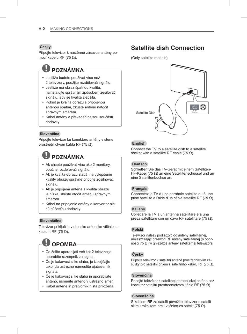 Satellite dish connection, Poznámka, Opomba | LG 50PM680S User Manual | Page 217 / 243