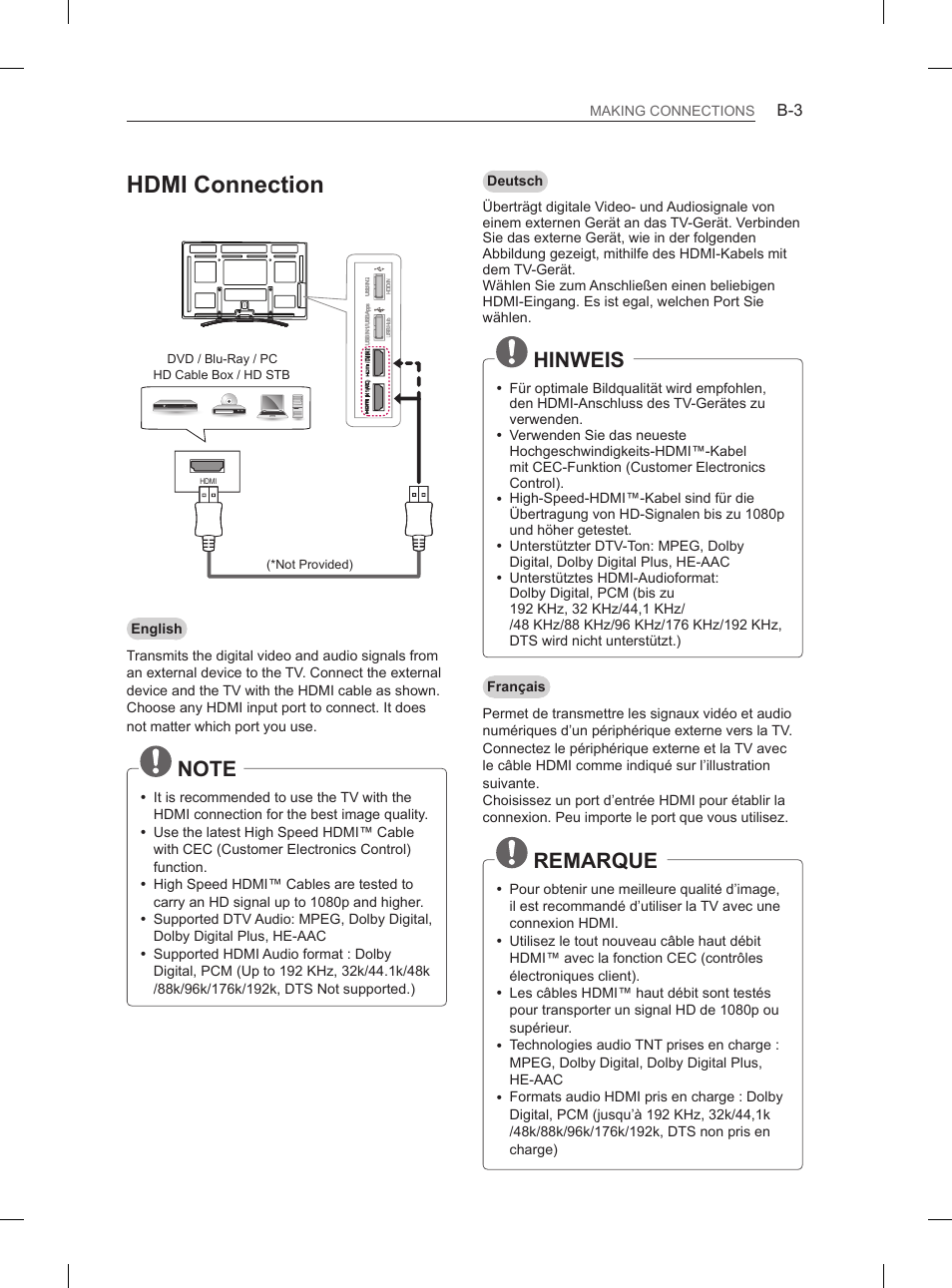 Hdmi connection, Hinweis, Remarque | LG 50PM680S User Manual | Page 218 / 243