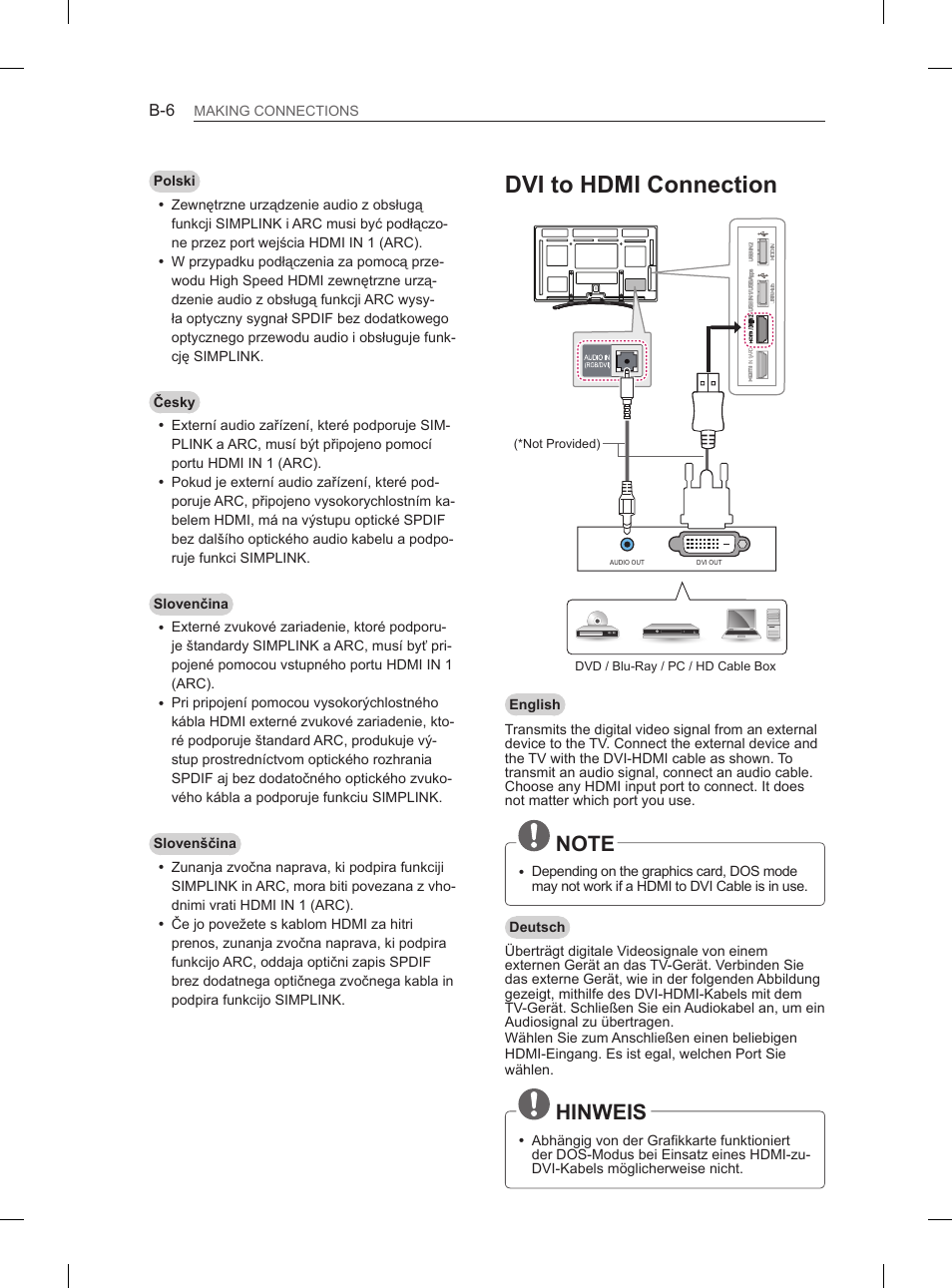 Dvi to hdmi connection, Hinweis | LG 50PM680S User Manual | Page 221 / 243