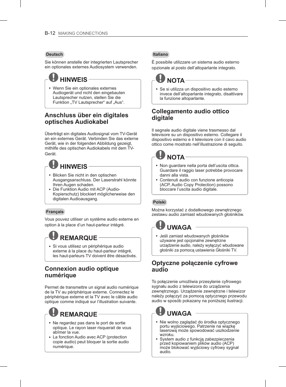 Hinweis, Remarque, Nota | Uwaga, Anschluss über ein digitales optisches audiokabel, Connexion audio optique numérique, Collegamento audio ottico digitale, Optyczne połączenie cyfrowe audio | LG 50PM680S User Manual | Page 227 / 243