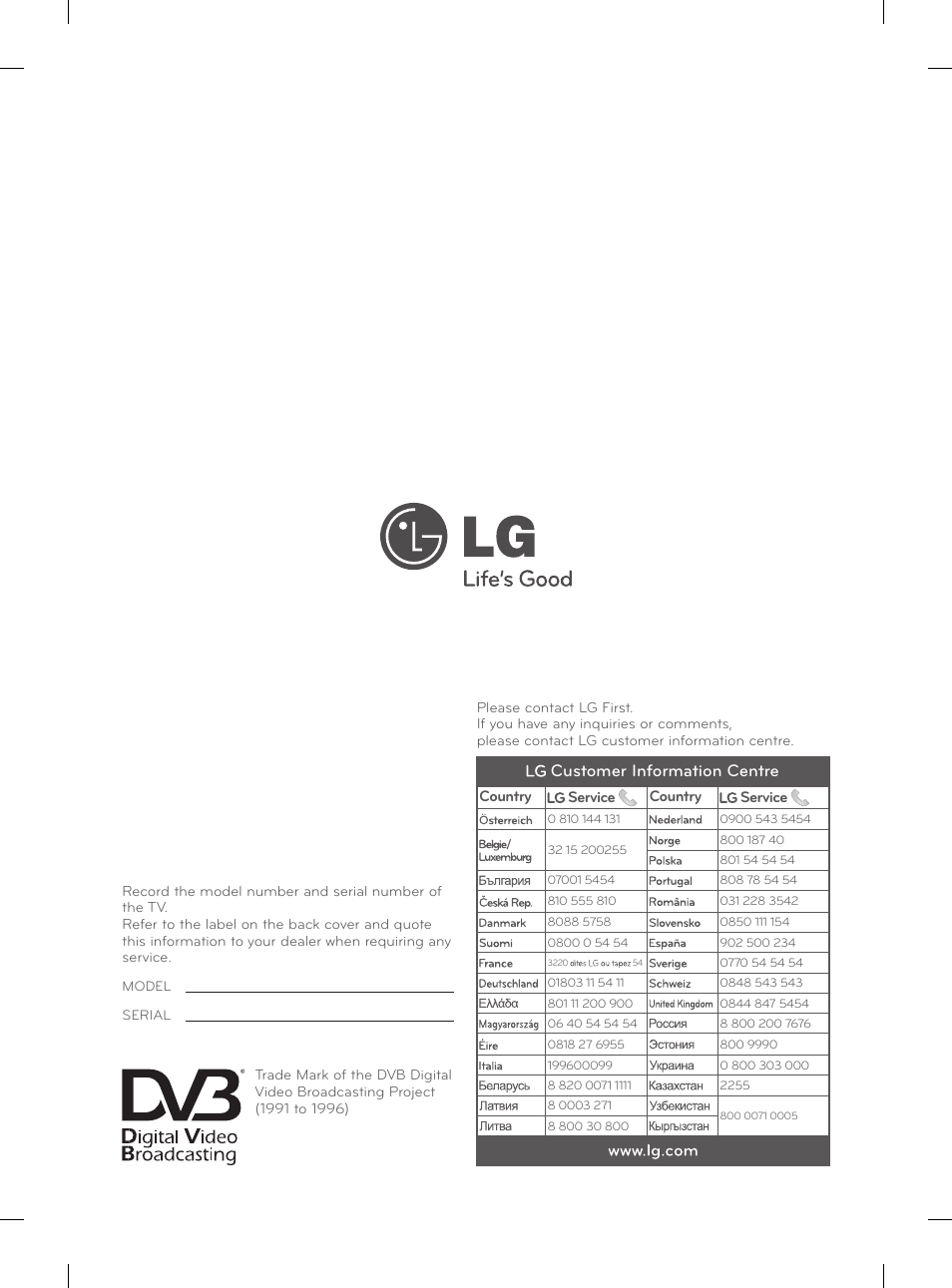 Customer information centre | LG 50PM680S User Manual | Page 243 / 243