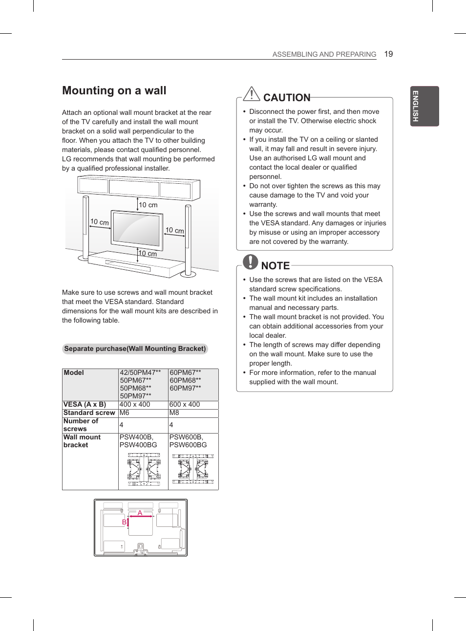 Mounting on a wall, Caution | LG 50PM680S User Manual | Page 26 / 243