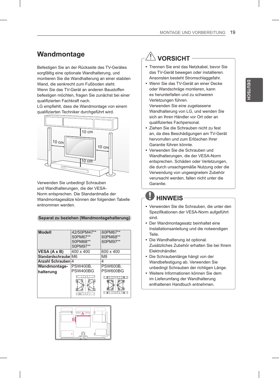 Wandmontage, Vorsicht, Hinweis | LG 50PM680S User Manual | Page 52 / 243