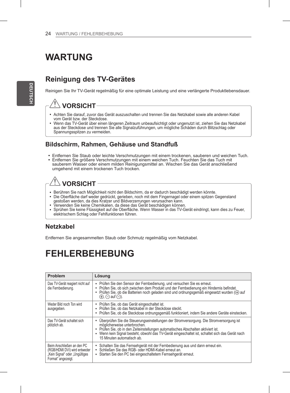 Wartung, Fehlerbehebung, Reinigung des tv-gerätes | Vorsicht, Bildschirm, rahmen, gehäuse und standfuß, Netzkabel | LG 50PM680S User Manual | Page 57 / 243