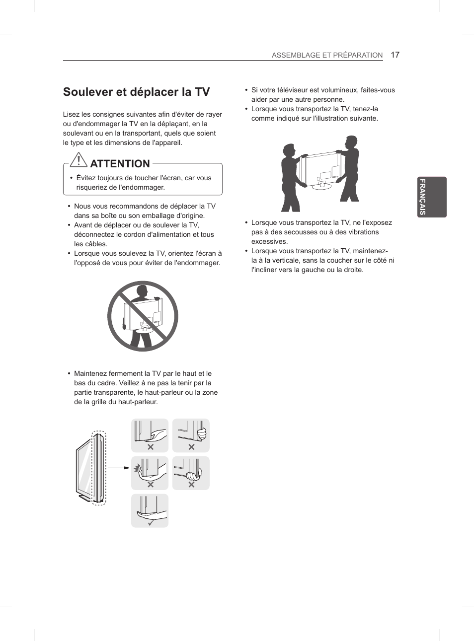 Soulever et déplacer la tv, Attention | LG 50PM680S User Manual | Page 76 / 243