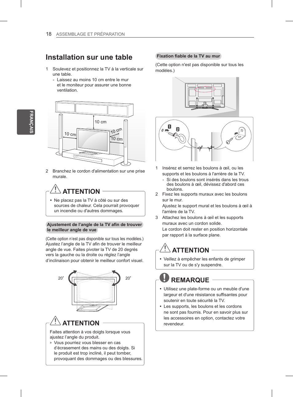 Installation sur une table, Attention, Remarque | LG 50PM680S User Manual | Page 77 / 243