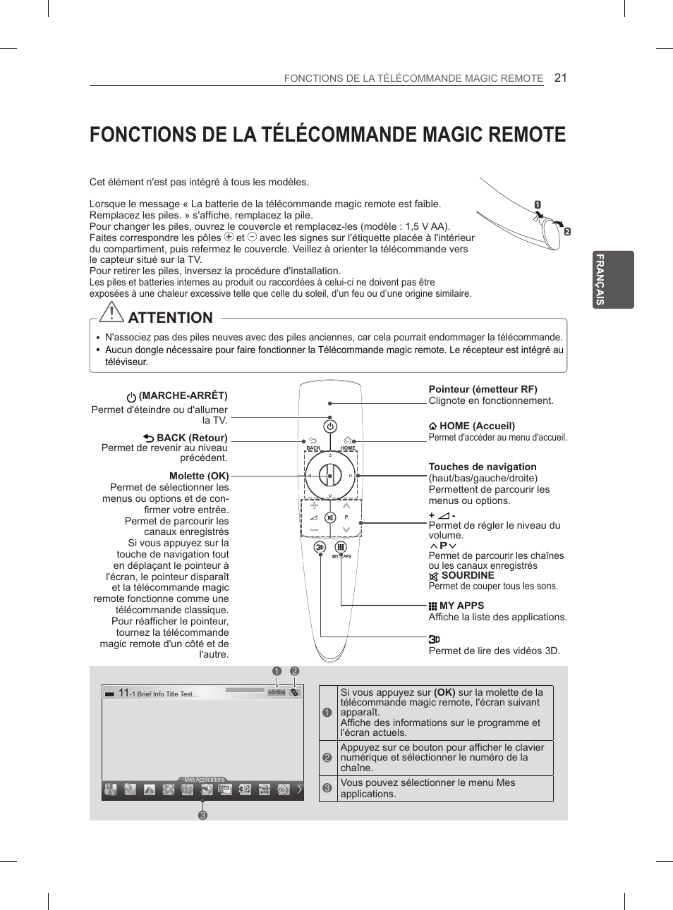 Fonctions de la télécommande magic remote, Attention | LG 50PM680S User Manual | Page 80 / 243