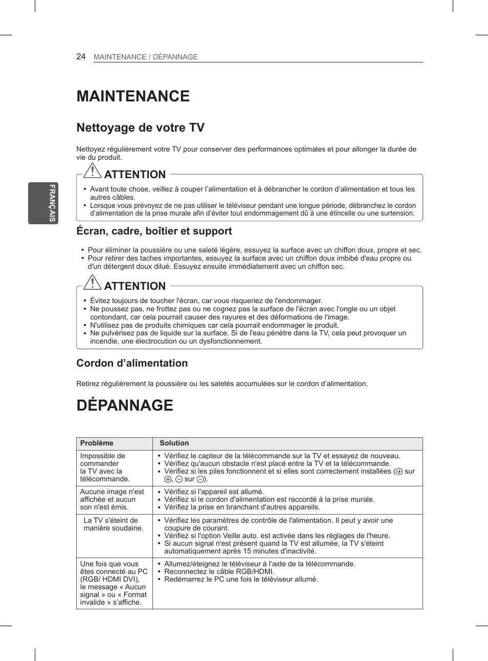 Maintenance, Dépannage, Nettoyage de votre tv | Attention, Écran, cadre, boîtier et support, Cordon d’alimentation | LG 50PM680S User Manual | Page 83 / 243