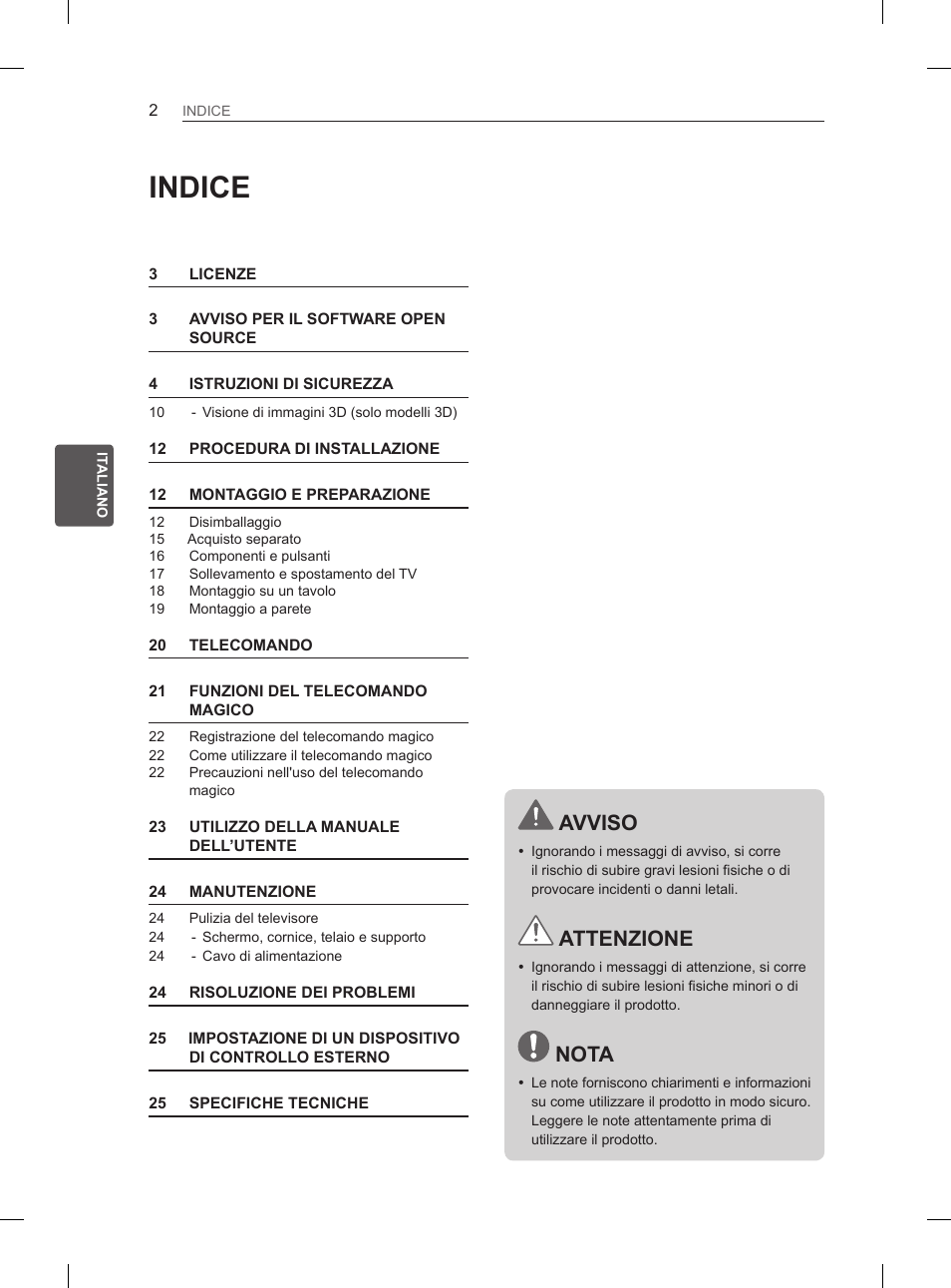 Indice, Avviso, Attenzione | Nota | LG 50PM680S User Manual | Page 87 / 243