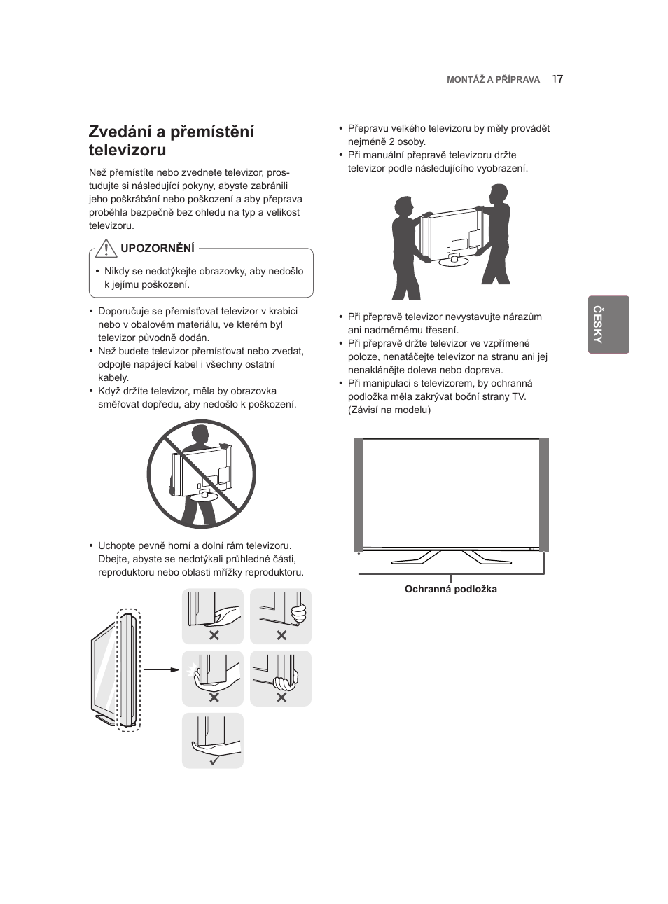 Zvedání a přemístění televizoru | LG 47LM960V User Manual | Page 107 / 488