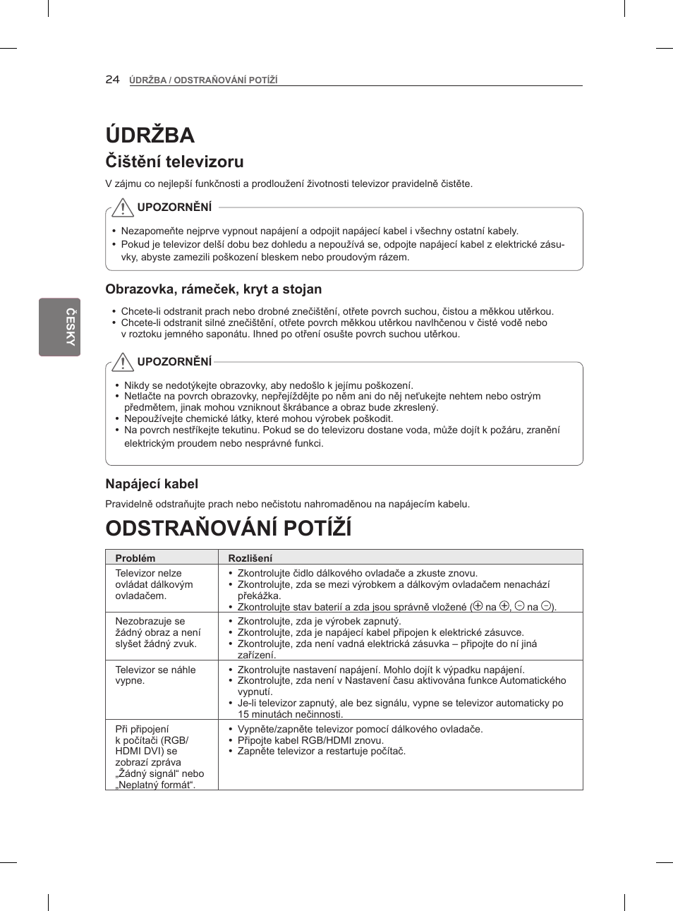 Odstraňování potíží, Údržba, Čištění televizoru | LG 47LM960V User Manual | Page 114 / 488