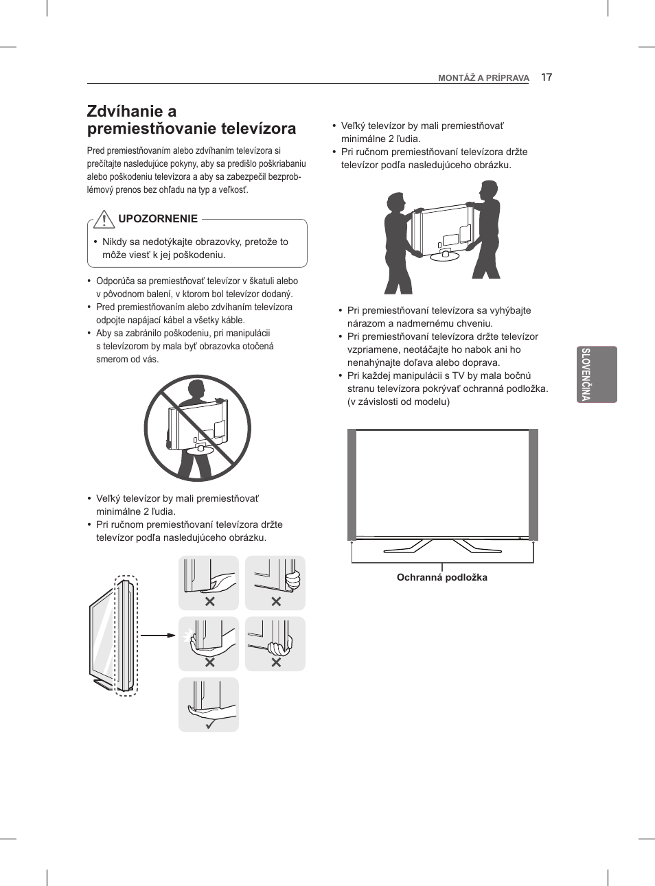 Zdvíhanie a premiestňovanie televízora | LG 47LM960V User Manual | Page 133 / 488