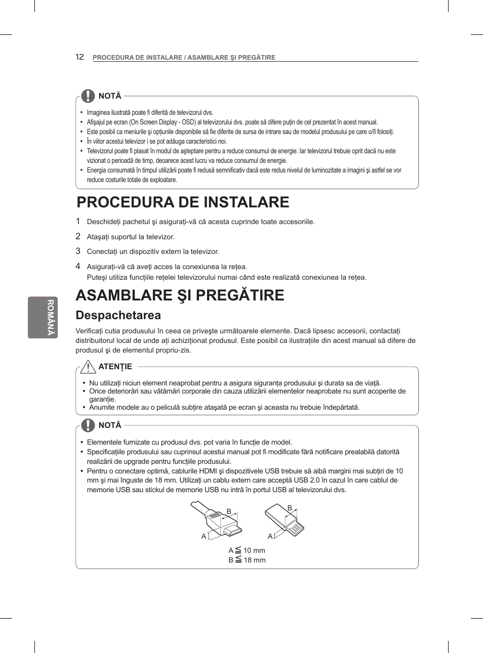 Procedura de instalare, Asamblare şi pregătire, Despachetarea | LG 47LM960V User Manual | Page 154 / 488