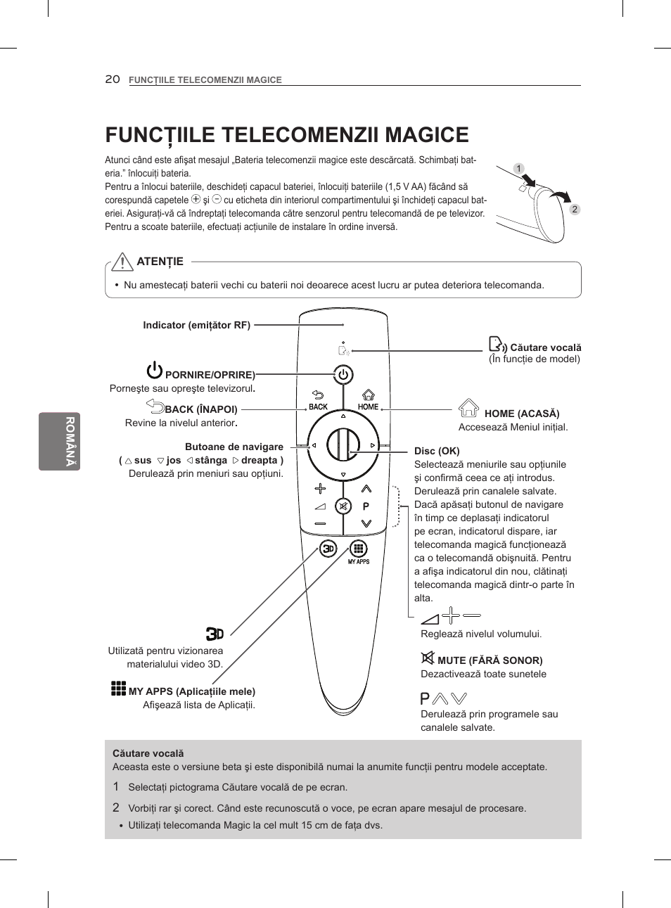 Funcţiile telecomenzii magice | LG 47LM960V User Manual | Page 162 / 488