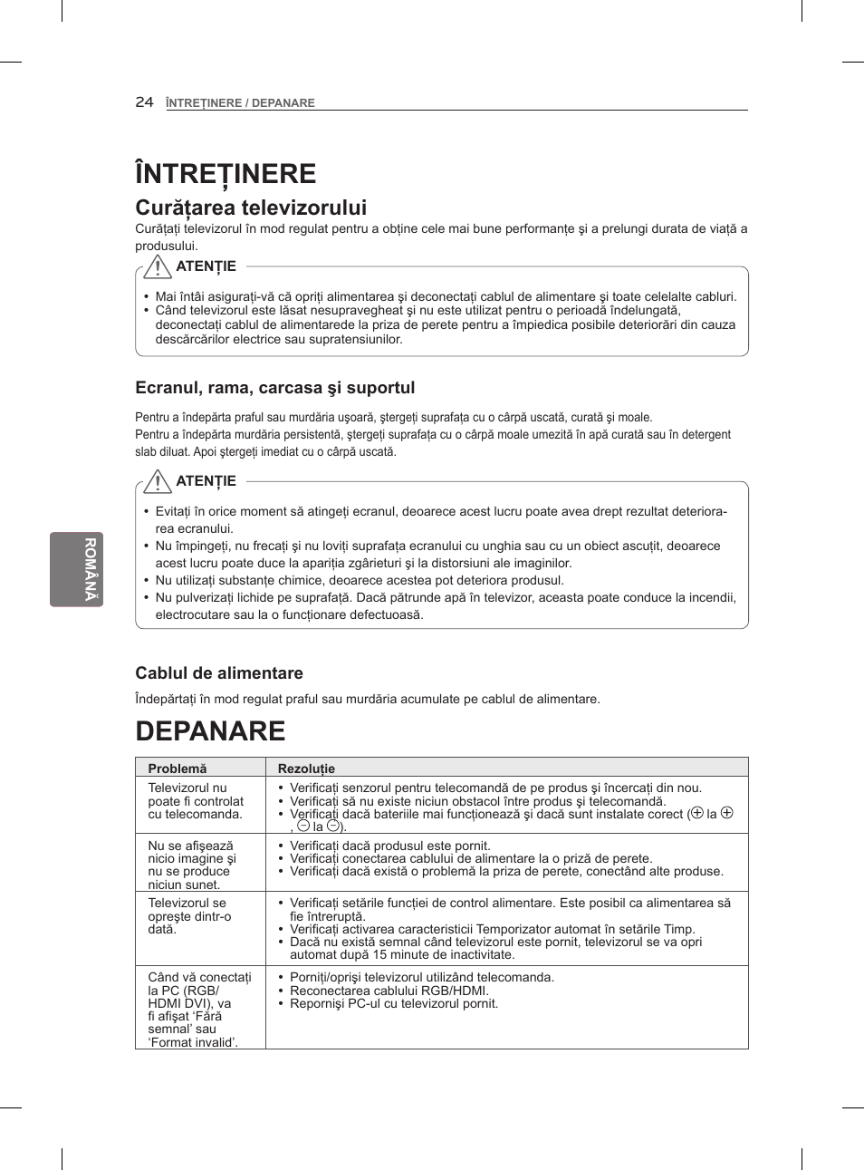 Depanare, Întreţinere, Curăţarea televizorului | LG 47LM960V User Manual | Page 166 / 488