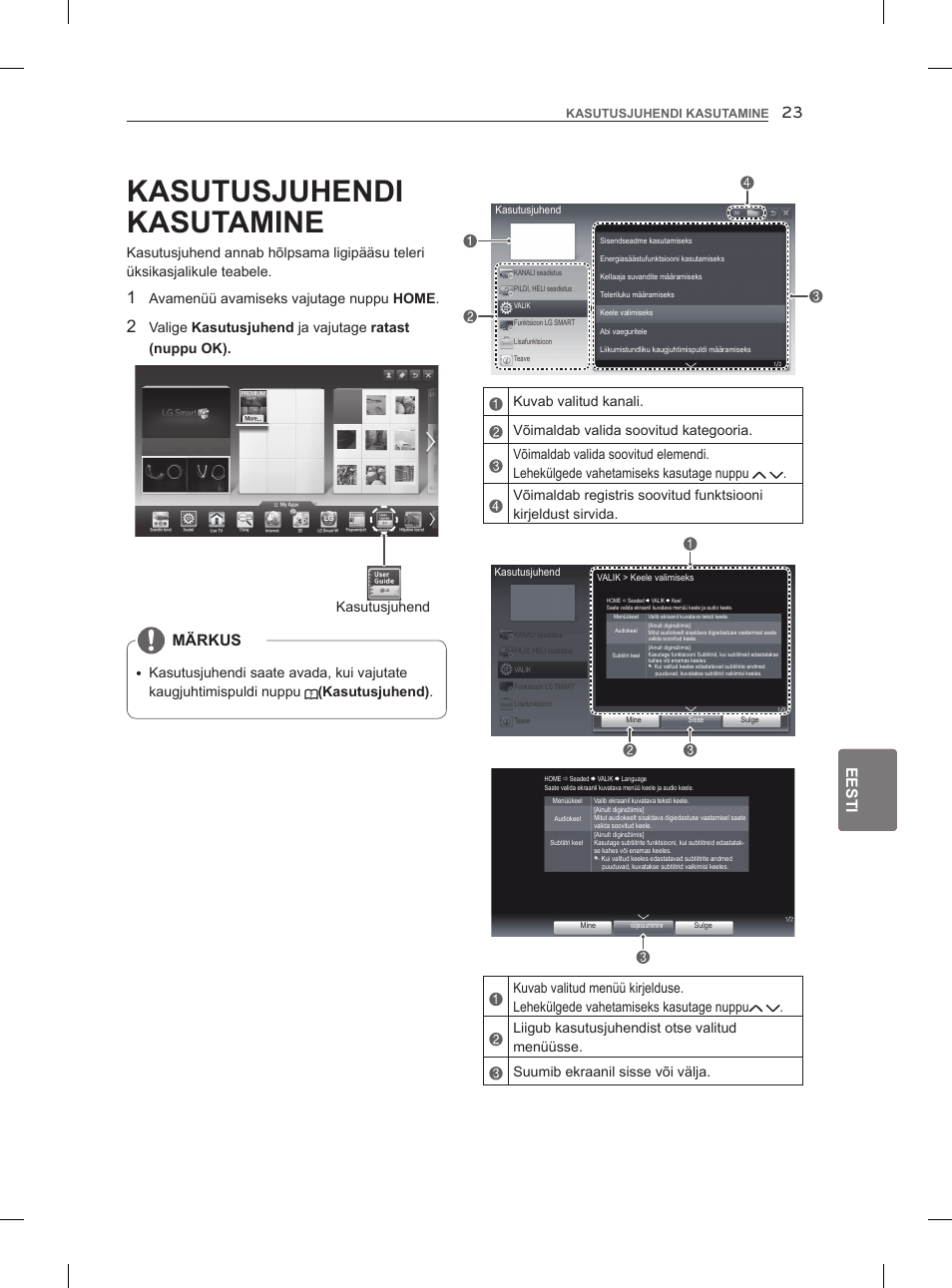 Kasutusjuhendi kasutamine, Eesti, Märkus | Avamenüü avamiseks vajutage nuppu home, Kasutusjuhend | LG 47LM960V User Manual | Page 217 / 488