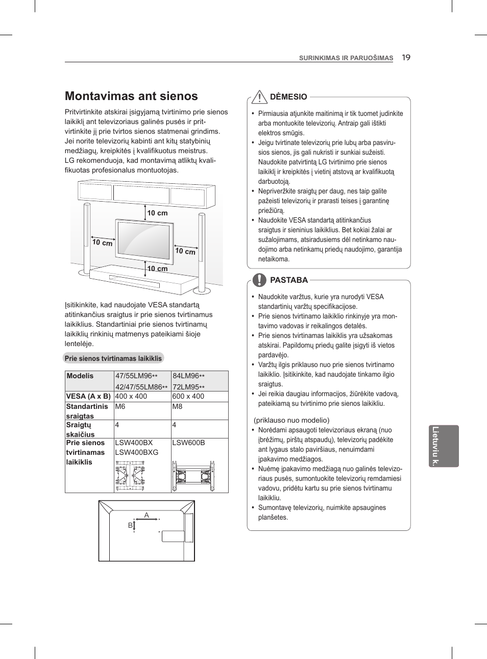 Montavimas ant sienos | LG 47LM960V User Manual | Page 239 / 488
