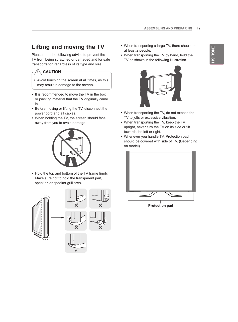 Lifting and moving the tv | LG 47LM960V User Manual | Page 29 / 488