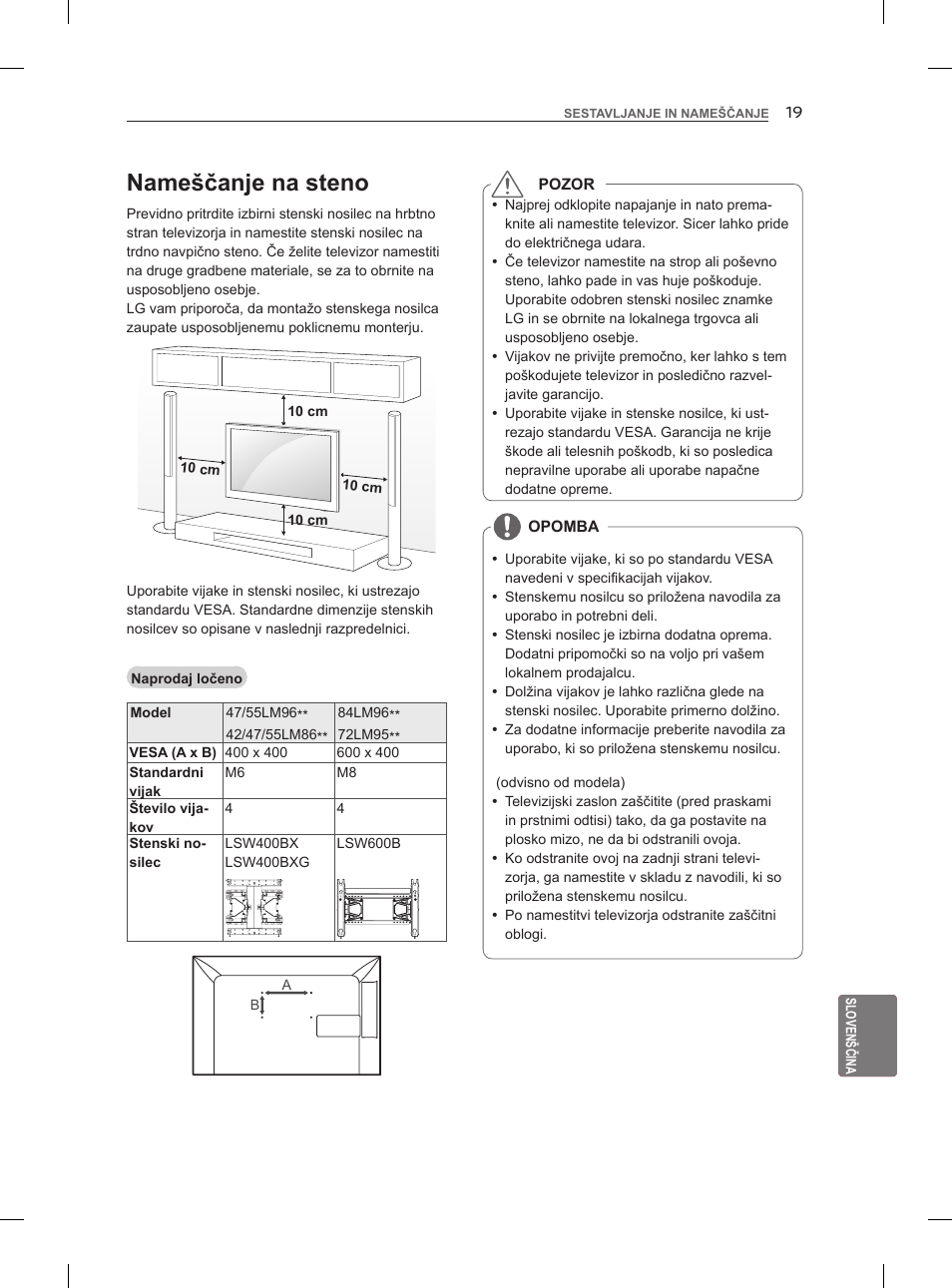 Nameščanje na steno | LG 47LM960V User Manual | Page 291 / 488