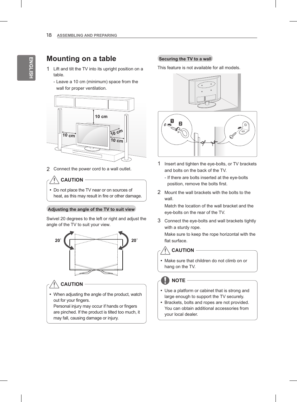 Mounting on a table | LG 47LM960V User Manual | Page 30 / 488