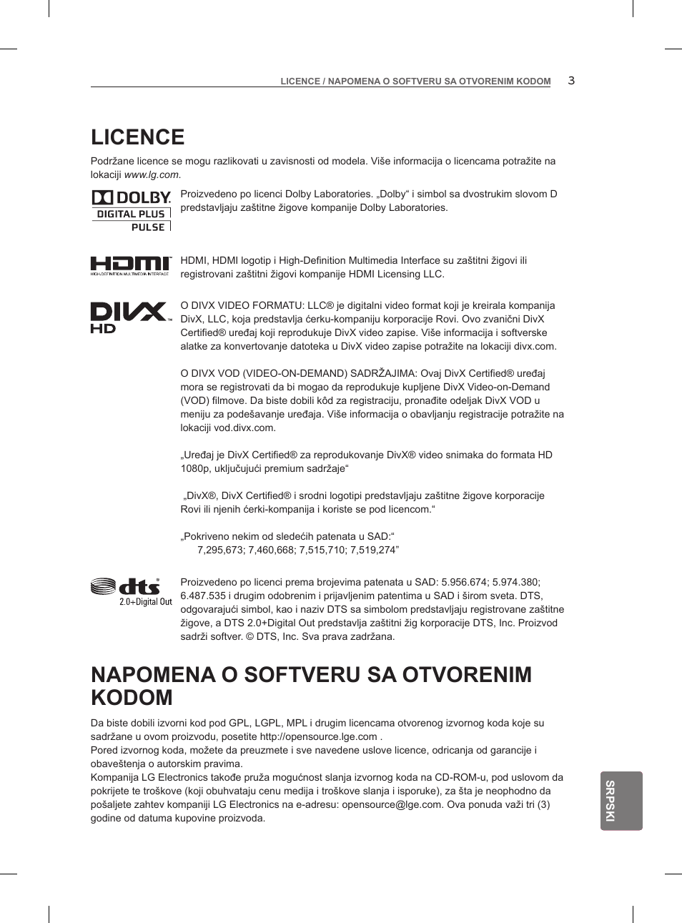 Licence, Napomena o softveru sa otvorenim kodom | LG 47LM960V User Manual | Page 301 / 488