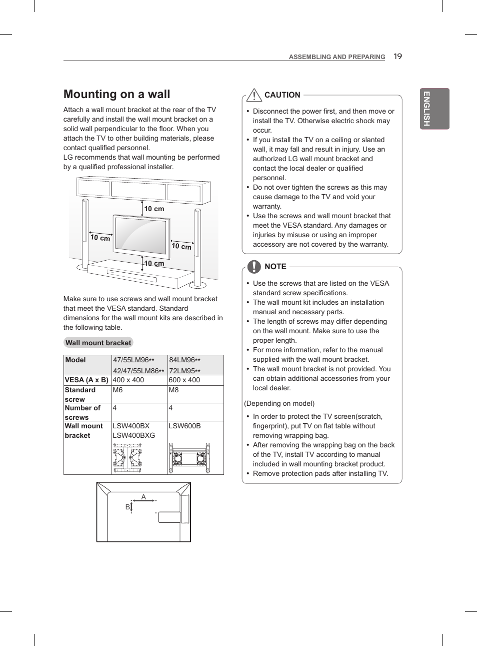 Mounting on a wall | LG 47LM960V User Manual | Page 31 / 488