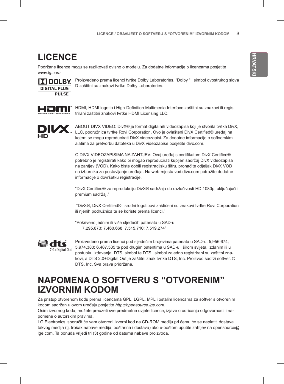 Licence, Napomena o softveru s “otvorenim” izvornim kodom | LG 47LM960V User Manual | Page 327 / 488