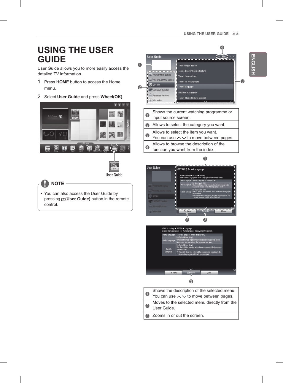 Using the user guide, English, Press home button to access the home menu | User guide | LG 47LM960V User Manual | Page 35 / 488