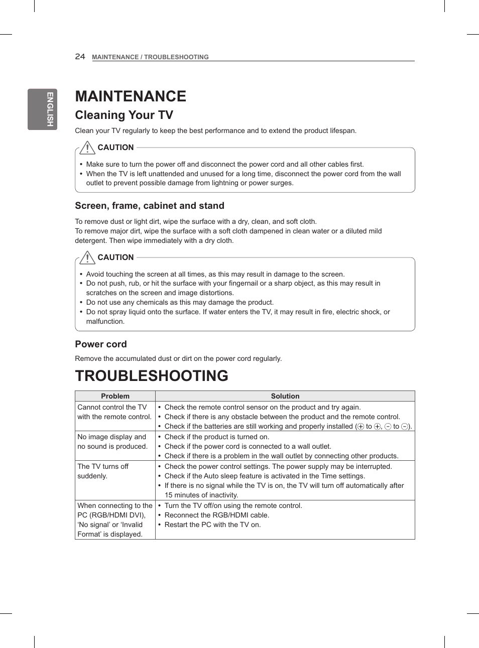 Troubleshooting, Maintenance, Cleaning your tv | LG 47LM960V User Manual | Page 36 / 488