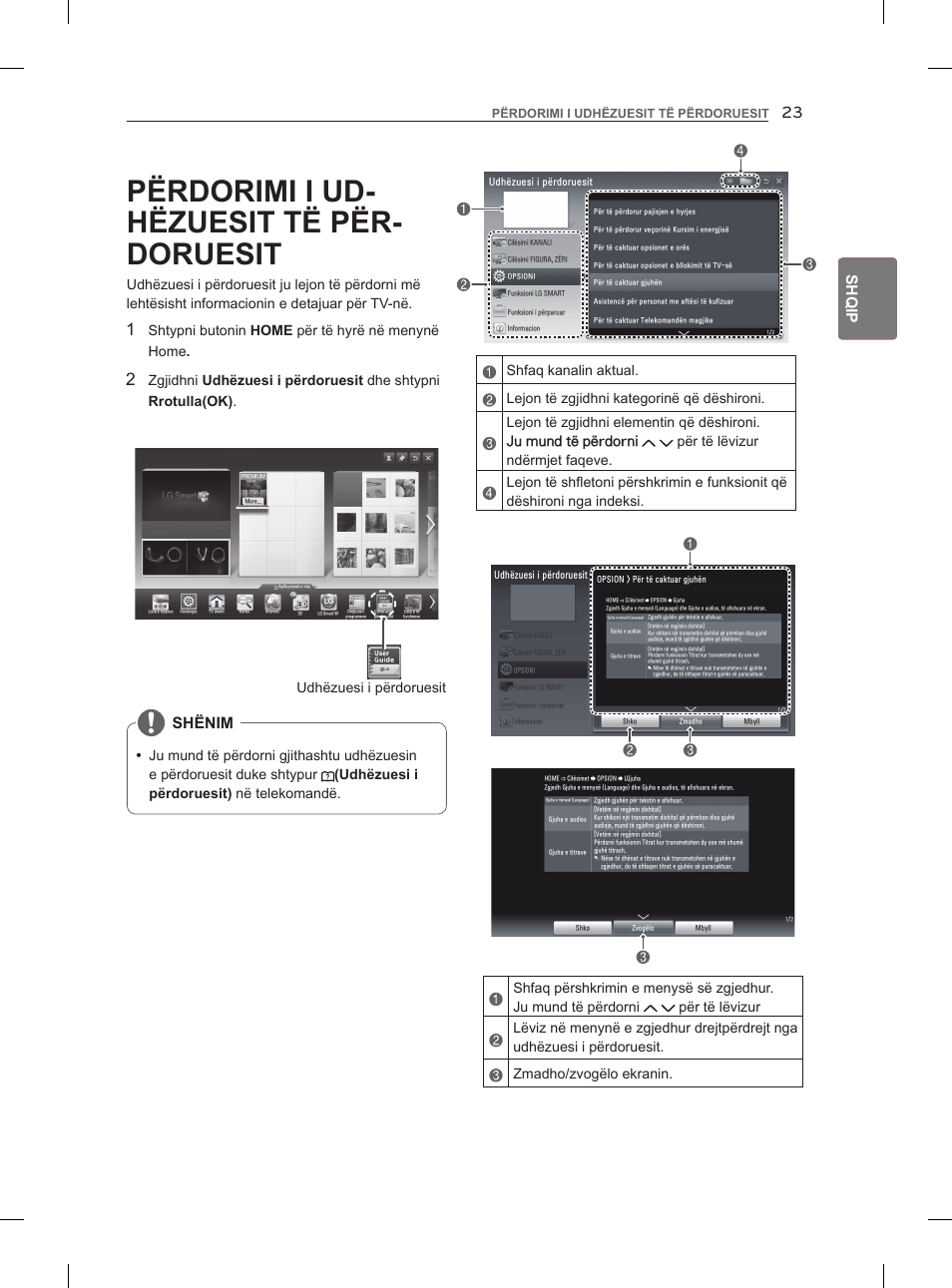 Përdorimi i ud- hëzuesit të për- doruesit, Shqip, Shënim | Shtypni butonin home për të hyrë në menynë home, Udhëzuesi i përdoruesit | LG 47LM960V User Manual | Page 373 / 488