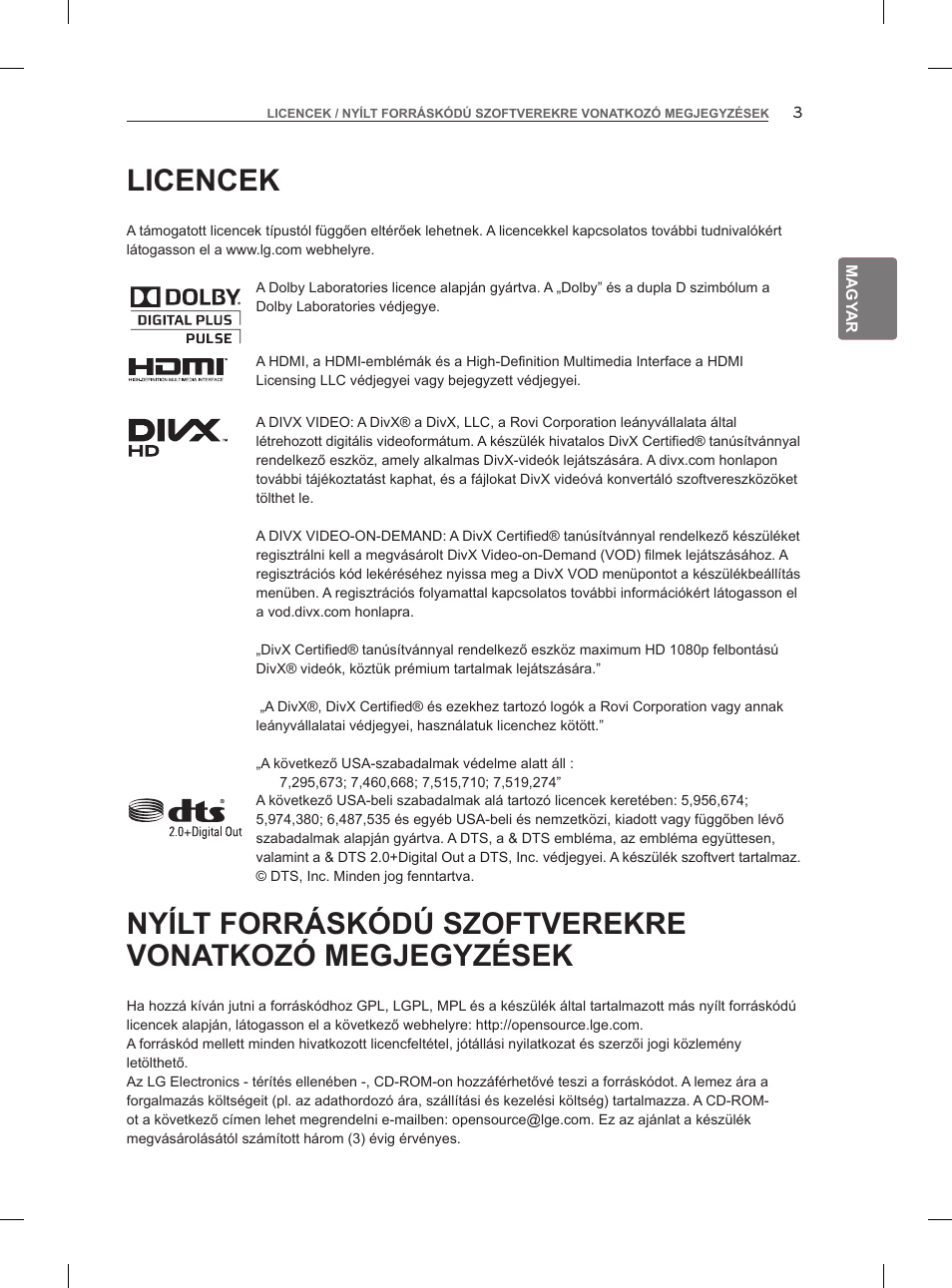 Licencek | LG 47LM960V User Manual | Page 41 / 488