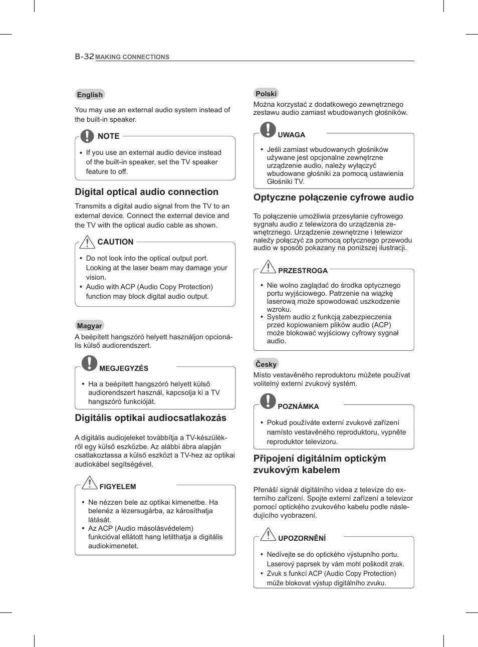 Digital optical audio connection, Optyczne połączenie cyfrowe audio, Digitális optikai audiocsatlakozás | Připojení digitálním optickým zvukovým kabelem | LG 47LM960V User Manual | Page 460 / 488
