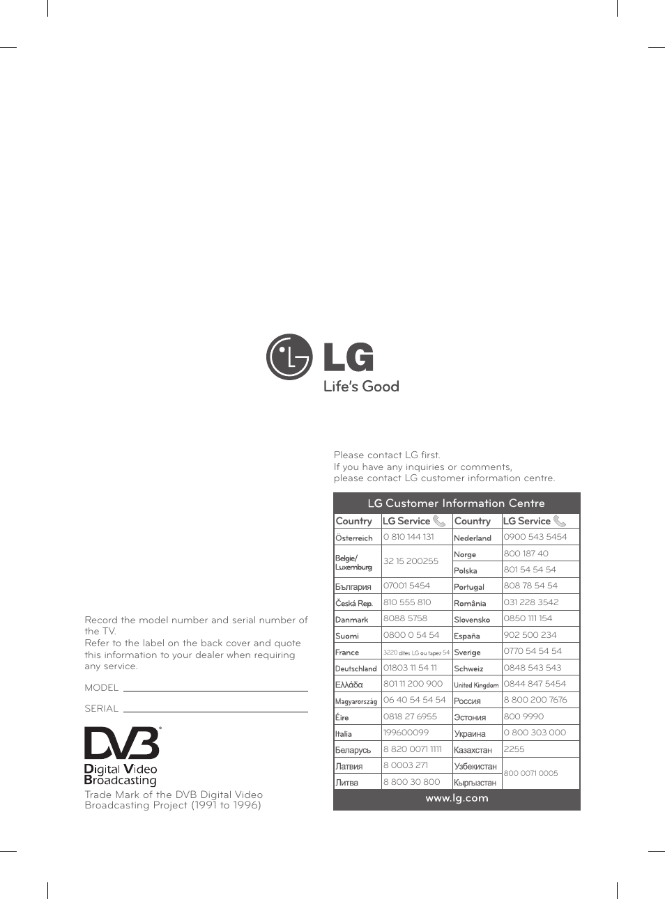 Customer information centre | LG 47LM960V User Manual | Page 488 / 488