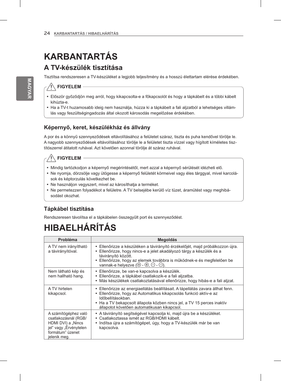 Hibaelhárítás, Karbantartás, A tv-készülék tisztítása | LG 47LM960V User Manual | Page 62 / 488