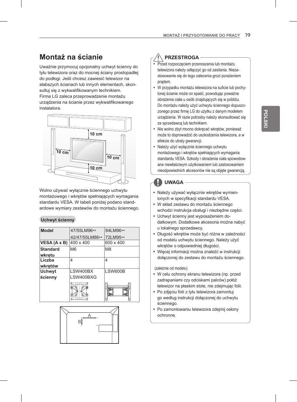 Montaż na ścianie | LG 47LM960V User Manual | Page 83 / 488