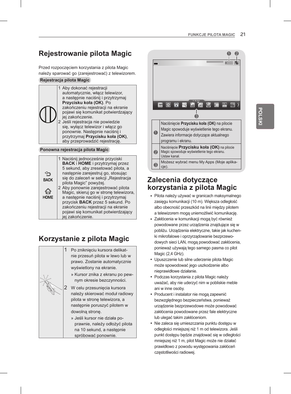 Rejestrowanie pilota magic, Zalecenia dotyczące korzystania z pilota magic, Korzystanie z pilota magic | LG 47LM960V User Manual | Page 85 / 488