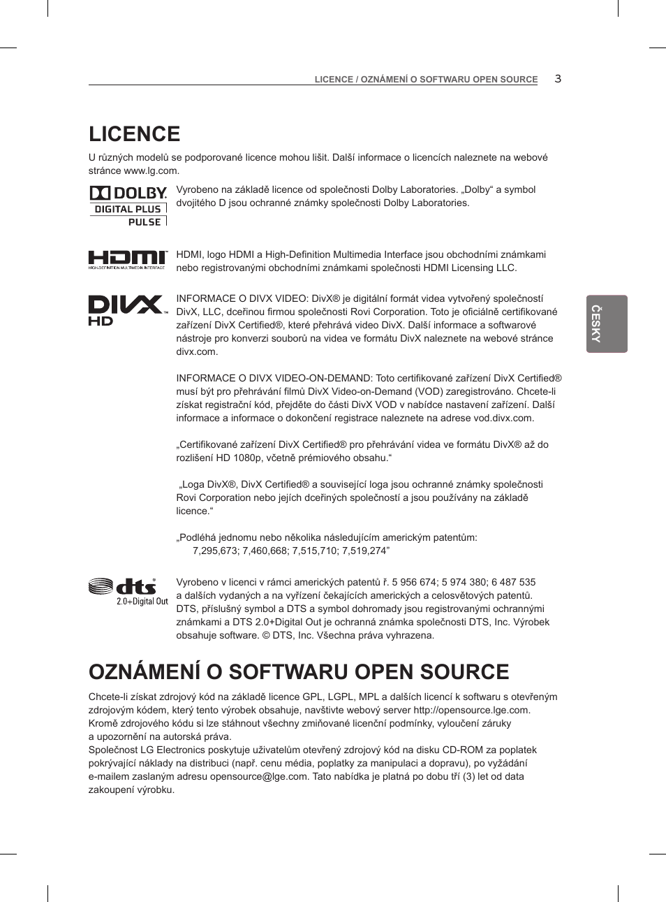 Licence, Oznámení o softwaru open source | LG 47LM960V User Manual | Page 93 / 488