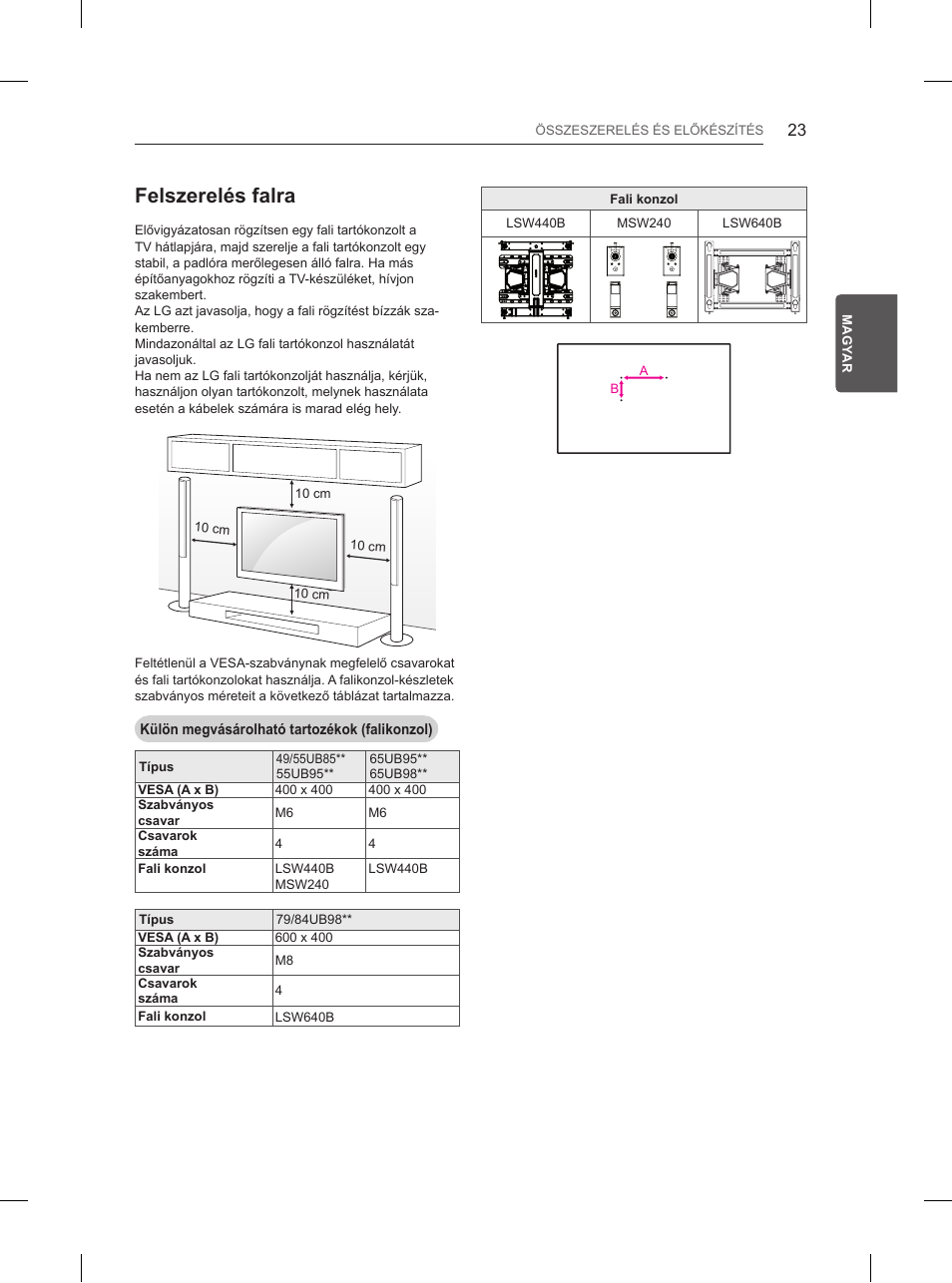 Felszerelés falra | LG 84UB980V User Manual | Page 113 / 332