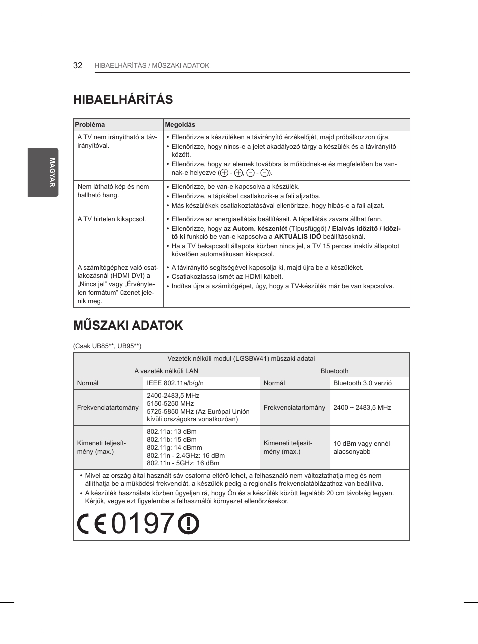 Hibaelhárítás, Műszaki adatok | LG 84UB980V User Manual | Page 122 / 332