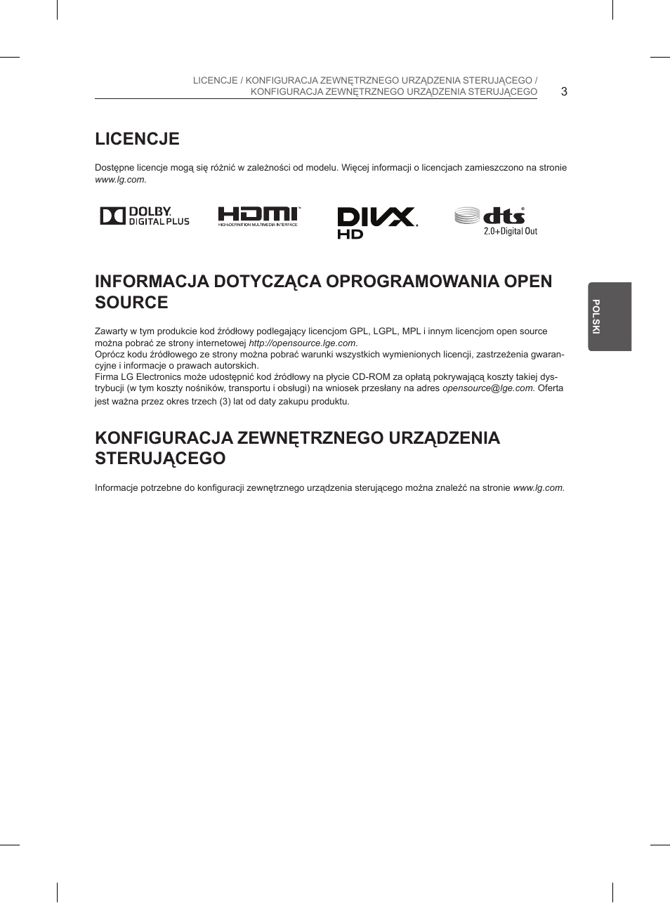 Licencje, Informacja dotycząca oprogramowania open source, Konfiguracja zewnętrznego urządzenia sterującego | LG 84UB980V User Manual | Page 127 / 332