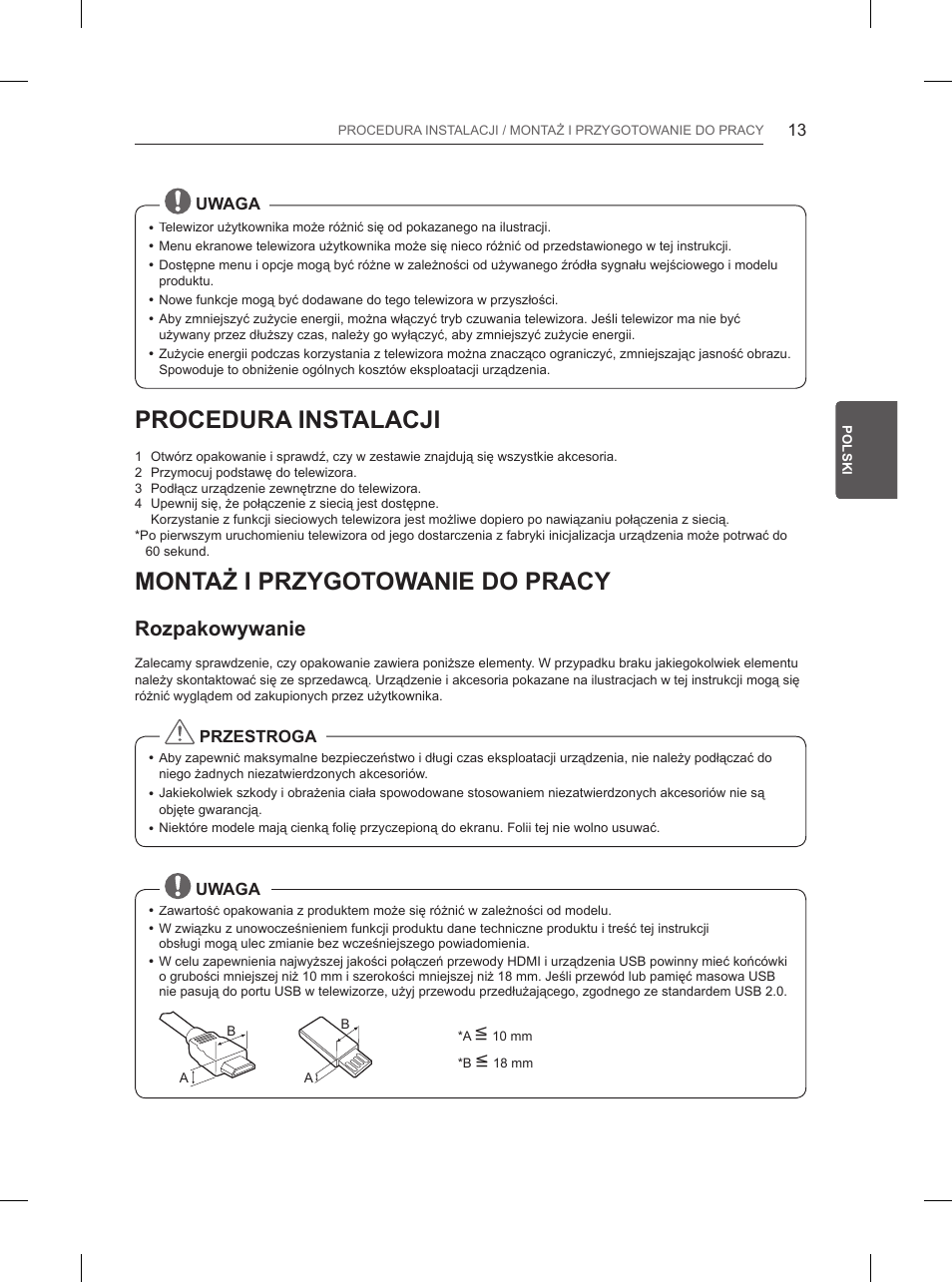Procedura instalacji, Montaż i przygotowanie do pracy, Rozpakowywanie | LG 84UB980V User Manual | Page 137 / 332
