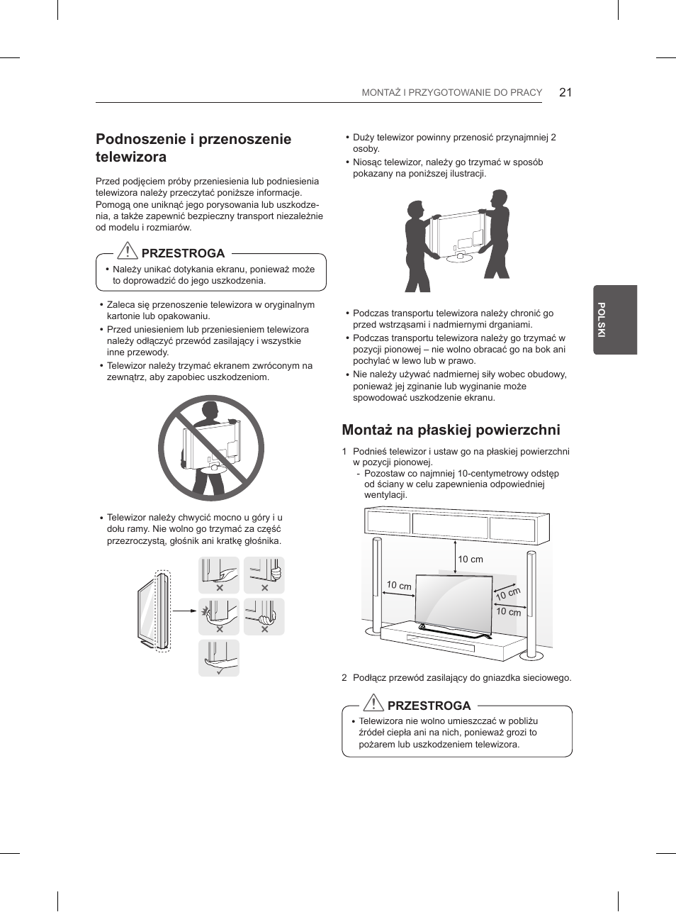 Podnoszenie i przenoszenie telewizora, Montaż na płaskiej powierzchni | LG 84UB980V User Manual | Page 145 / 332