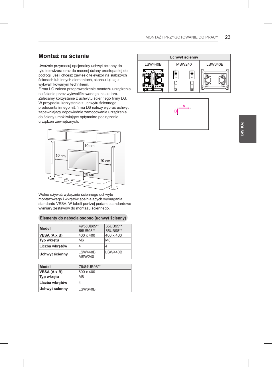 Montaż na ścianie | LG 84UB980V User Manual | Page 147 / 332