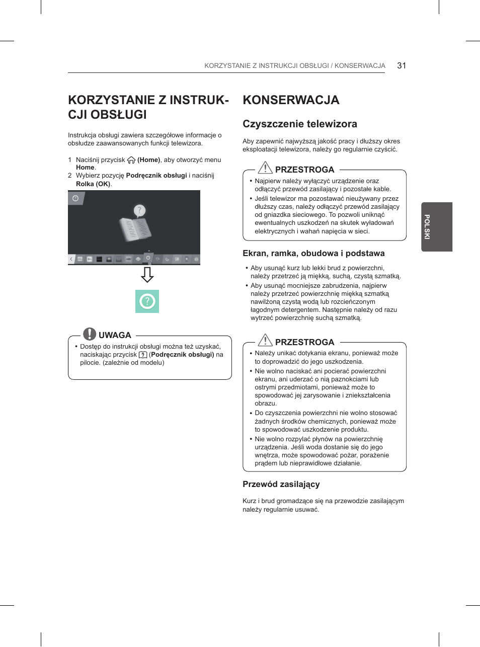 Korzystanie z instruk- cji obsługi, Konserwacja, Czyszczenie telewizora | LG 84UB980V User Manual | Page 155 / 332