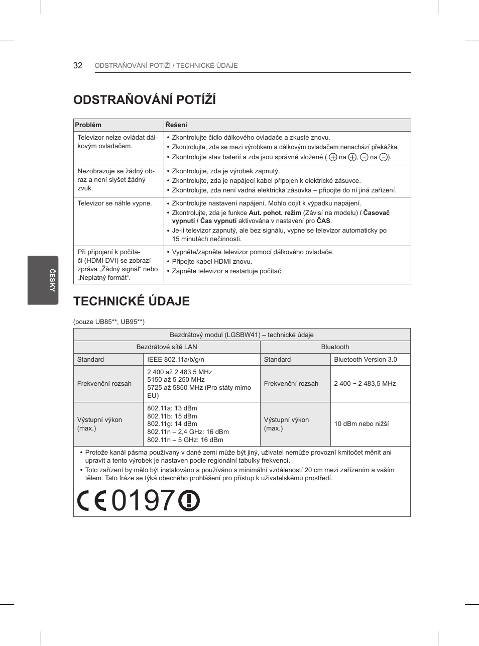 Odstraňování potíží, Technické údaje | LG 84UB980V User Manual | Page 190 / 332